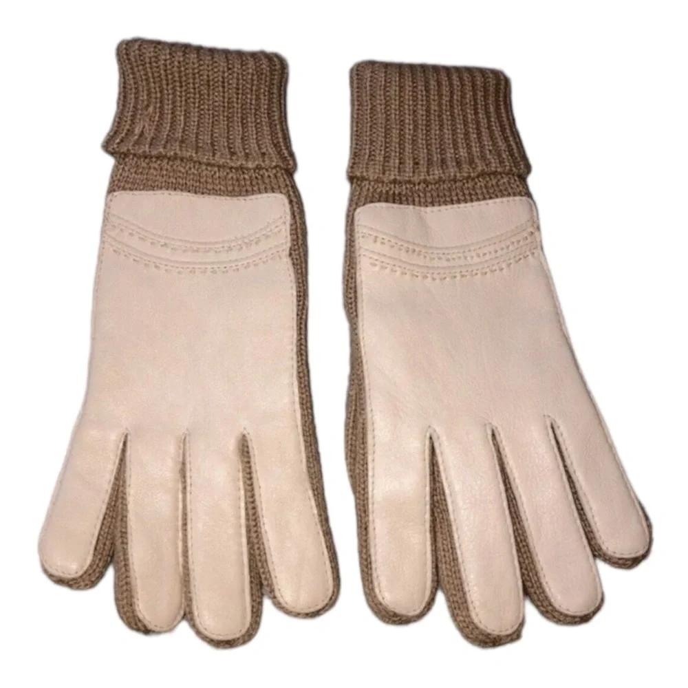 Vintage Ivory Leather Medium Brown Knit Ribbed Cuff Winter Gloves